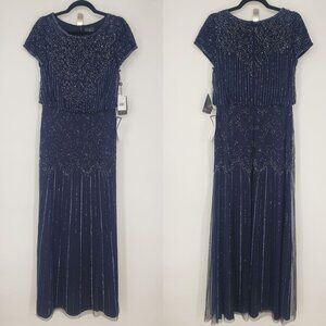 Adrianna Papell Beaded Evening Dress 6 Formal Long Maxi Short Sleeve Navy Blue
